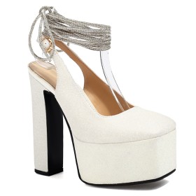 15 cm High Heel Schoen Met Enkelbandje Pumps Mode Touwtjes Plateau Witte Vierkante Neus