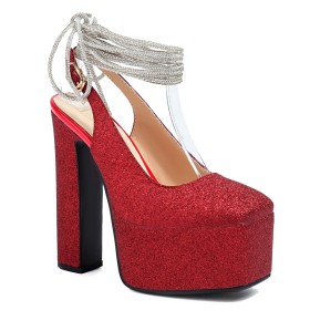 Wrap Around Ankle Block Heels With Ankle Strap Sparkly 15 cm High Heels Red Slingbacks Platform Modern Pumps Chunky Womens Footwear