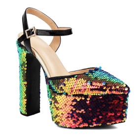 Mode Gala Paaldans 15 cm High Heel Sparkle Sandaaltjes Met Enkelbandje Glitter Zomer Blok Hak Plateau