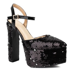 Dressy Shoes 2024 With Ankle Strap Sandals Modern Block Heel Ombre 6 inch High Heel Black Pointed Toe Platform Chunky Heel Sequin