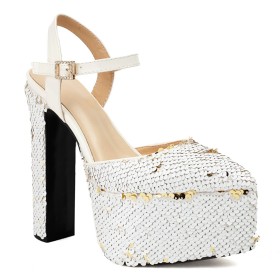 Evening Shoes Sparkly Stylish Womens Sandals Pole Dancing Shoes Platform Sequin White Ombre Chunky Heel Belt Buckle Block Heel High Heel Dressy Shoes