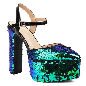 Chunky Heel With Ankle Strap Ombre Green Pole Dance Shoes Sparkly 6 inch High Heel Block Heels Party Shoes Sandals Belt Buckle Pointed Toe Modern Platform Glitter