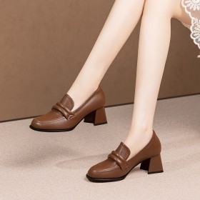 Mid Heels Leather Thick Heel Classic Comfortable Loafers Block Heels