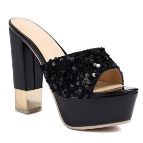 Sequin Block Heel Sparkly Chunky Classic Mules Peep Toe Sandals High Heel Platform