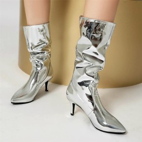 Metallic Stiletto Heels Classic Sparkly Patent Leather Pointed Toe Mid Calf Boots For Women 6 cm Heeled Fur Lined