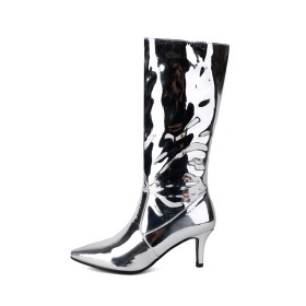 Metallic Stiletto Heels Classic Sparkly Patent Leather Pointed Toe Mid Calf Boots For Women 6 cm Heeled Fur Lined