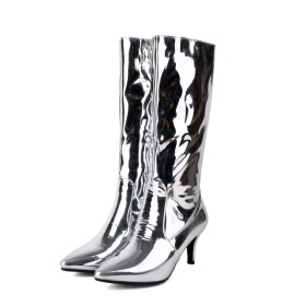 Metallic Stiletto Heels Classic Sparkly Patent Leather Pointed Toe Mid Calf Boots For Women 6 cm Heeled Fur Lined