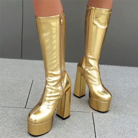 Block Heels High Heels Platform Patent Leather Boots Metallic Chunky