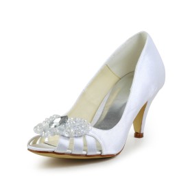 Cristal Escarpins À Talon D Été Satin Chaussure Mariée Élégant Slip On Bout Ouvert Blanche Chaussures