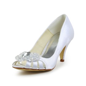 Satin Beautiful Dress Shoes Open Toe White Spring Pumps 6 cm Mid Heels Stiletto Slip On Bridals Wedding Shoes