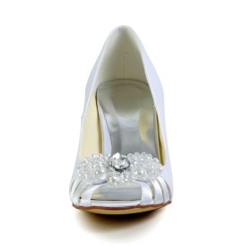 Cristal Escarpins À Talon D Été Satin Chaussure Mariée Élégant Slip On Bout Ouvert Blanche Chaussures