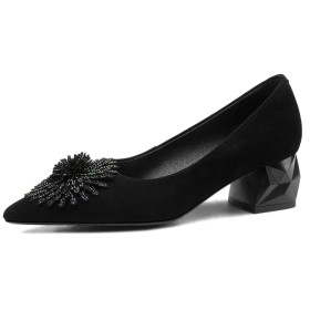 Spitz Festliche Schuhe Bequeme Wildleder Blockabsatz Elegante Pumps Damenschuhe 5 cm Niedriger Absatz Schwarze