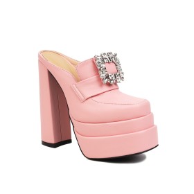 Classic Sandals Blush Pink Block Heels Faux Leather High Heels Platform Chunky With Crystal Mules