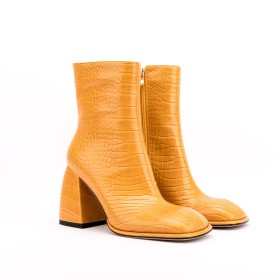 Chunky Classic Block Heel Crocodile Print Square Toe Faux Leather Booties Yellow 4 inch High Heeled Going Out Footwear Patent Leather Embossed Fur Lined