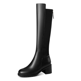 Casual Black Leather Knee High Boots Block Heels Low Heeled Riding Boot Chunky Closed Toe Classic