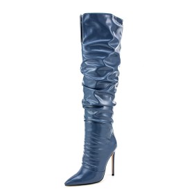 Stretchy Over Knee Boots For Women Tall Boots High Heel Slate Blue Classic