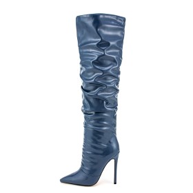 Klassiek Stilettos Lange Laarzen Dames Elastische 12 cm Hoge Hak Overknee Laarzen Donkerblauw