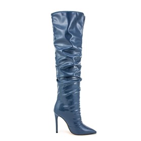 Klassiek Stilettos Lange Laarzen Dames Elastische 12 cm Hoge Hak Overknee Laarzen Donkerblauw