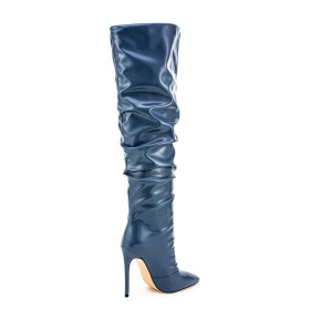 Klassiek Stilettos Lange Laarzen Dames Elastische 12 cm Hoge Hak Overknee Laarzen Donkerblauw