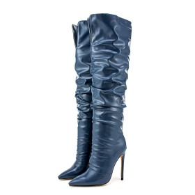 Klassiek Stilettos Lange Laarzen Dames Elastische 12 cm Hoge Hak Overknee Laarzen Donkerblauw