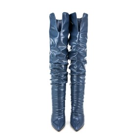 Klassiek Stilettos Lange Laarzen Dames Elastische 12 cm Hoge Hak Overknee Laarzen Donkerblauw