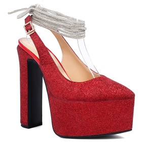 Chunky Heel Belt Buckle Platform Rhinestones Ankle Wrap Sparkly Closed Toe Pumps 6 inch High Heel Slingback Block Heel Sequin