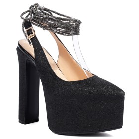 Schwarz Schuhe Damen 15 cm High Heels Mit Schnürung Abendschuhe Mode Glitzer Pumps Ballschuhe Mit Blockabsatz