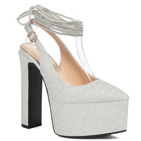Glitter Pumps 15 cm High Heel Dressy Shoes Slingback Thick Heel Block Heels Belt Buckle
