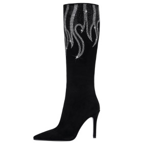 Knie Laarzen Strass Naaldhakken Mode Suède Zwarte Imitatieleer Hoge Laarzen Dames Sock Boots Hoge Hakken