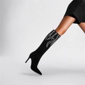 Knie Laarzen Strass Naaldhakken Mode Suède Zwarte Imitatieleer Hoge Laarzen Dames Sock Boots Hoge Hakken