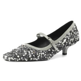 Sparkly Sequin Ankle Strap Pumps 4 cm Low Heel Kitten Heel Silver Belt Buckle Comfort Shoes