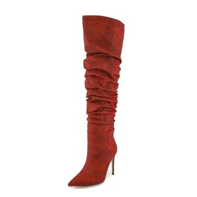 Classic Stilettos 12 cm High Heels Slouch Red Thigh High Boots For Women Denim