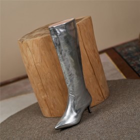 Sparkle Comfortabele Zilveren Knie Laarzen Metallic Hoge Laarzen Naaldhakken Gesloten Neus Paardrijlaars Gevoerde Middelhoge Heel Lak