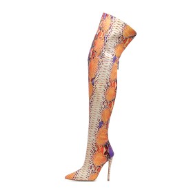 Tall Boots 12 cm High Heels Vintage Embossed Fur Lined Slip On Thigh High Boots Snake Print Stiletto Heels Multicolor