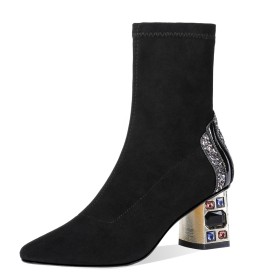 Bottines Bout Pointu Fourrées Cristal Paillette Casual Talon Mi Haut Talon Epais Talons Carrés Noir Chaussette