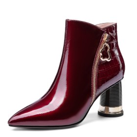 Ankle Boots Burgundy Patent Leather Chunky Hee Beautiful Mid High Heeled Dress Shoes Pointed Toe Crocodile Printed Business Casual