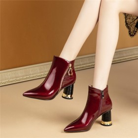 Ankle Boots Burgundy Patent Leather Chunky Hee Beautiful Mid High Heeled Dress Shoes Pointed Toe Crocodile Printed Business Casual