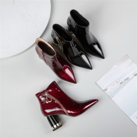 Ankle Boots Burgundy Patent Leather Chunky Hee Beautiful Mid High Heeled Dress Shoes Pointed Toe Crocodile Printed Business Casual