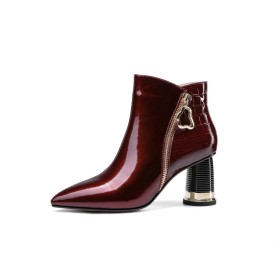 Ankle Boots Burgundy Patent Leather Chunky Hee Beautiful Mid High Heeled Dress Shoes Pointed Toe Crocodile Printed Business Casual