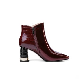 Ankle Boots Burgundy Patent Leather Chunky Hee Beautiful Mid High Heeled Dress Shoes Pointed Toe Crocodile Printed Business Casual