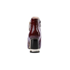 Ankle Boots Burgundy Patent Leather Chunky Hee Beautiful Mid High Heeled Dress Shoes Pointed Toe Crocodile Printed Business Casual