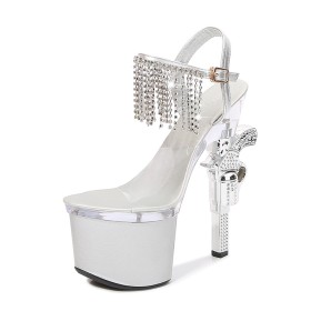 Sexy Platform Sandals 7 inch Extreme High Heels Peep Toe Faux Leather Ankle Strap Fringe Going Out Footwear Pole Dance Shoes Rhinestones Sparkly