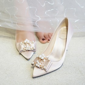 シャンパン 靴 パンプス 結婚式靴 フォーマル サテン パール付き ハイヒール 1320160856F