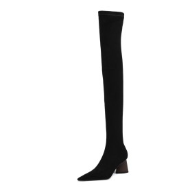 Faux Leather Mid High Heeled Thigh High Boot For Women Chunky Heel Tall Boots Going Out Footwear Fashion Slip On Pointed Toe Suede