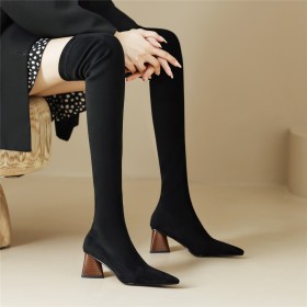 Faux Leather Mid High Heeled Thigh High Boot For Women Chunky Heel Tall Boots Going Out Footwear Fashion Slip On Pointed Toe Suede