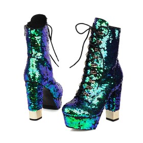 Glitzernden Festliche Schuhe Schnürstiefel Stiefeletten Mit Blockabsatz Grün Plateau 2020 Mit 13 cm High Heels Farbverlauf