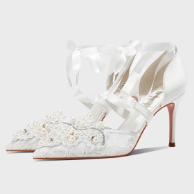 Blanche À Bride Cheville Avec Noeud Avec Strass Talons Aiguilles À Lacets Elegante Sandale A Talon Haut 8 cm Chaussure De Mariée Dentelle