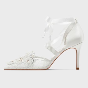 Blanche À Bride Cheville Avec Noeud Avec Strass Talons Aiguilles À Lacets Elegante Sandale A Talon Haut 8 cm Chaussure De Mariée Dentelle