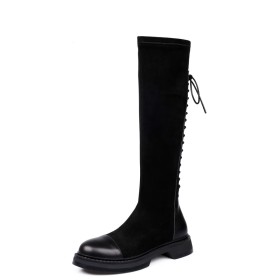 Vintage Tall Boots Round Toe Fall Flat Shoes Stretchy Riding Boots Knee High Boots