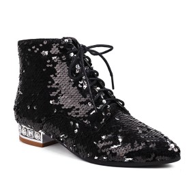 Flats Pearls Pointed Toe Comfort Booties For Women Glitter Sparkly Lace Up